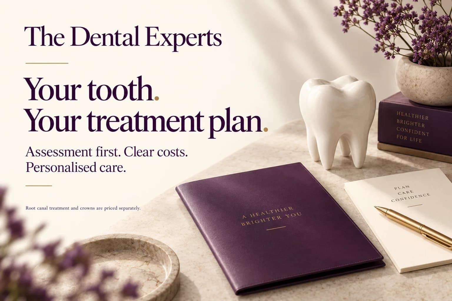 Purple and gold dental care illustration emphasising assessment, clear costs and personalised care, with crowns priced separately