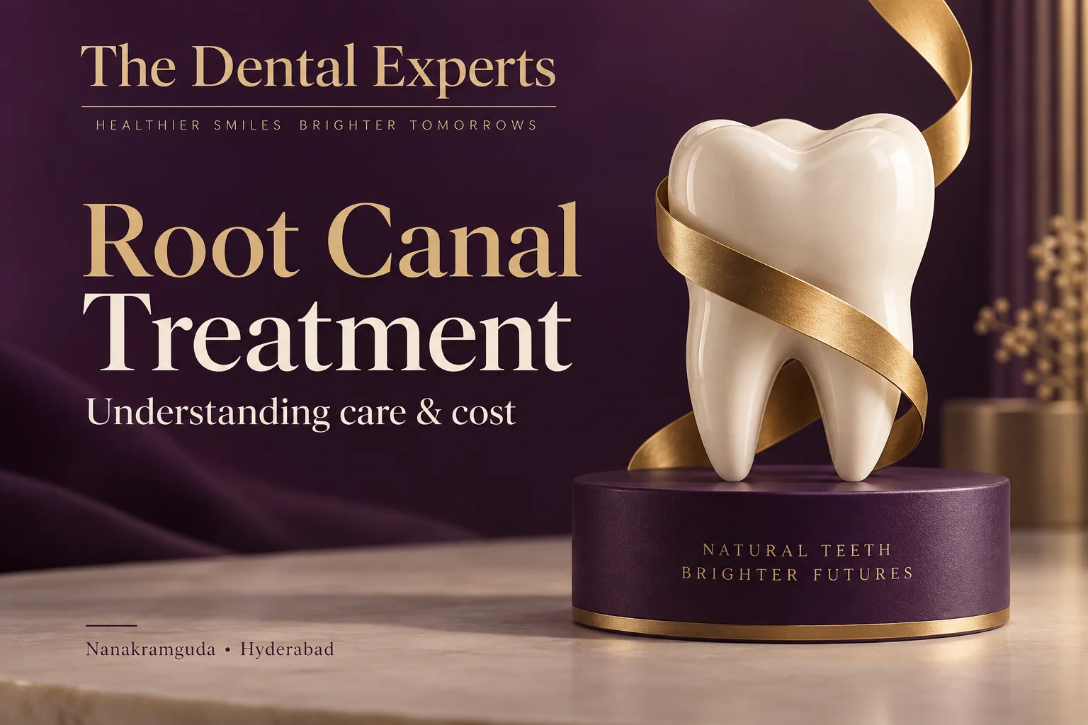 Ivory tooth sculpture wrapped in a gold ribbon against a purple background, introducing root canal treatment and cost