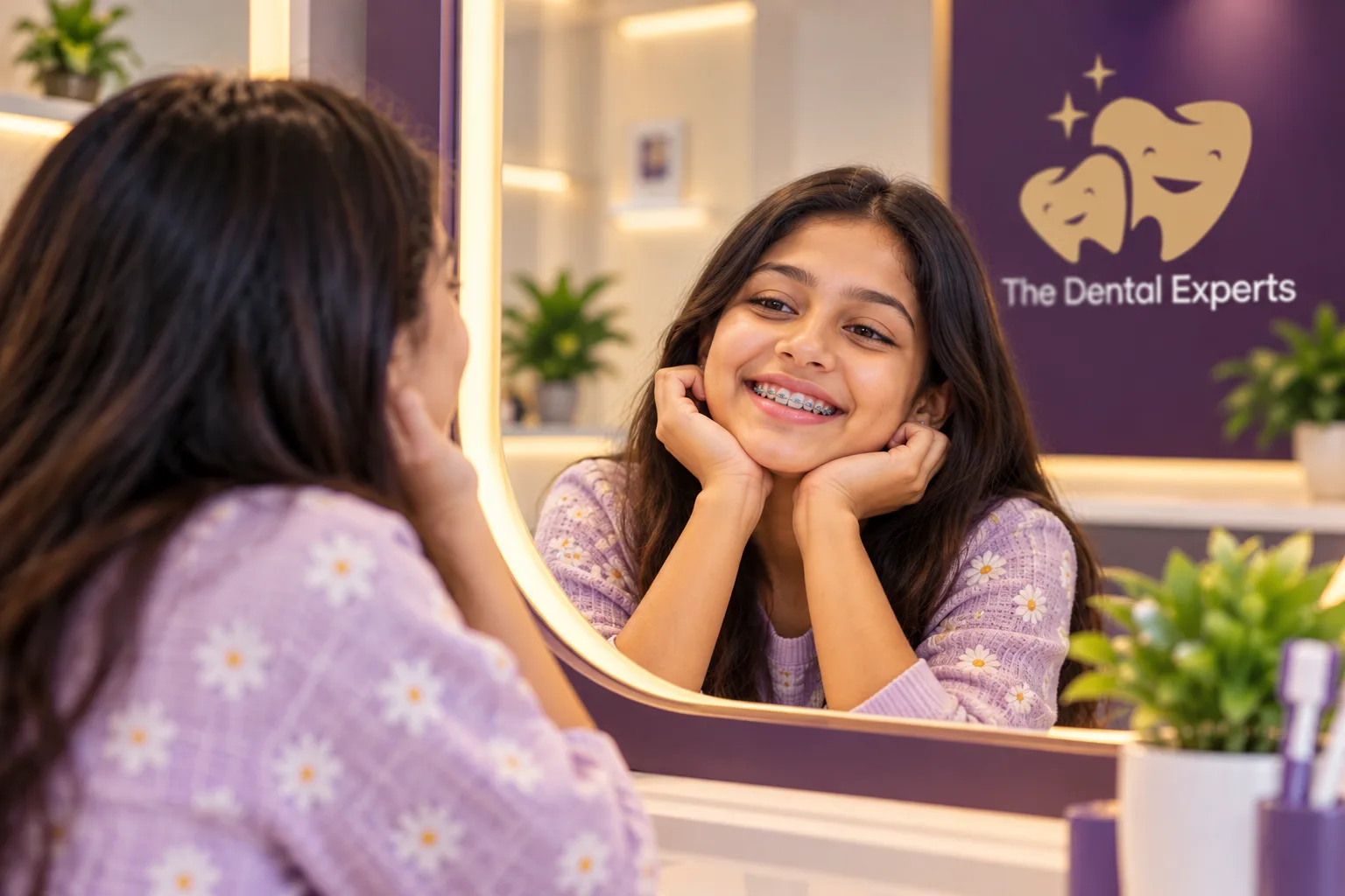 Young orthodontic patient smiling at her braces in a mirror