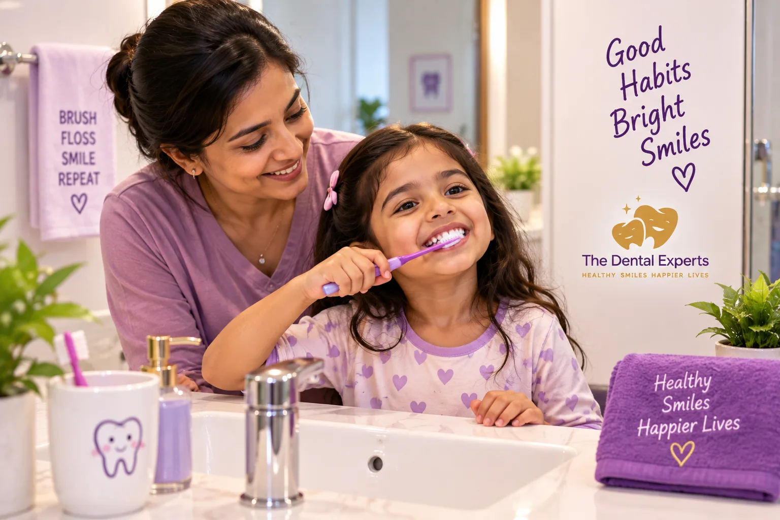 Child brushing teeth at home with parent supervision