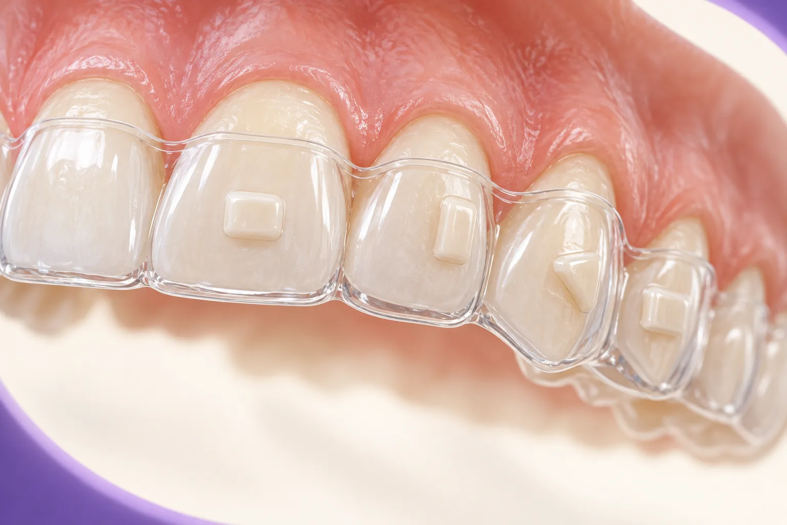 Clinical close-up showing a clear aligner fitted over tooth-coloured attachments