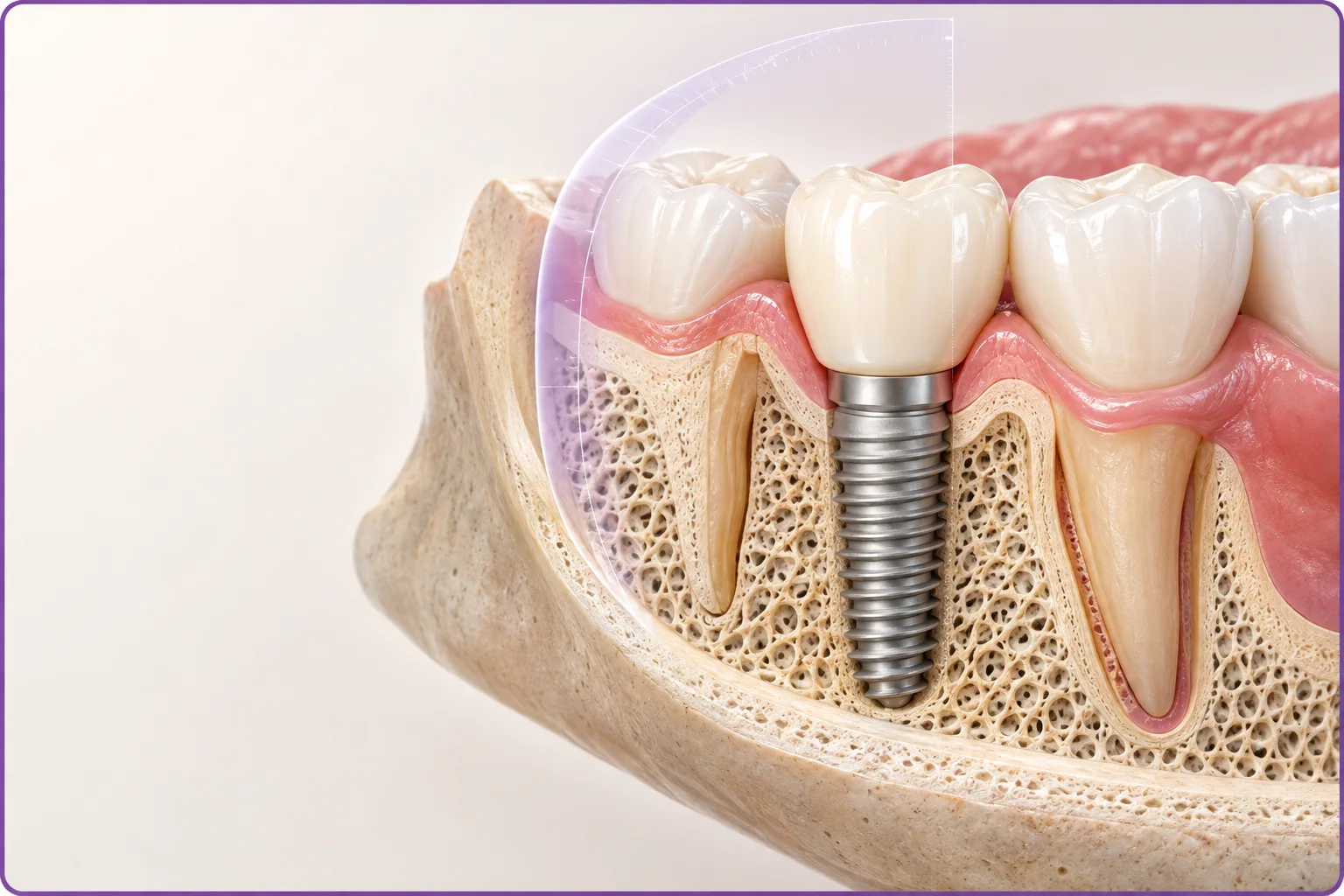 Educational cutaway showing a single dental implant supported by jawbone and healthy gum tissue
