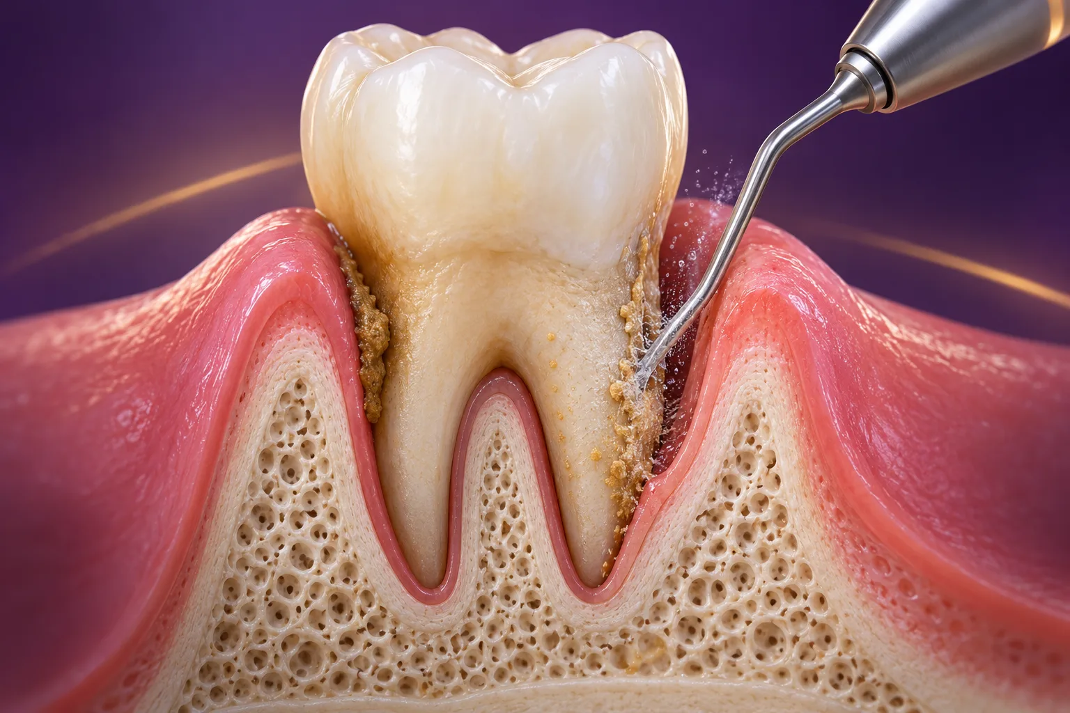Educational cutaway showing professional cleaning below the gumline