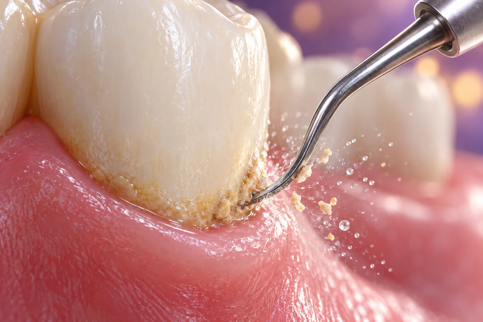 Educational close-up showing an ultrasonic scaler removing tartar at the gumline