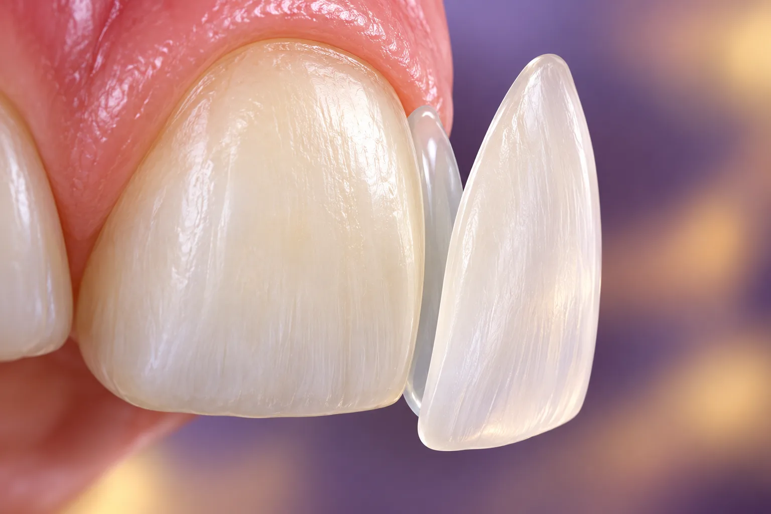 Educational 3D close-up showing a thin ceramic veneer positioned over a front tooth