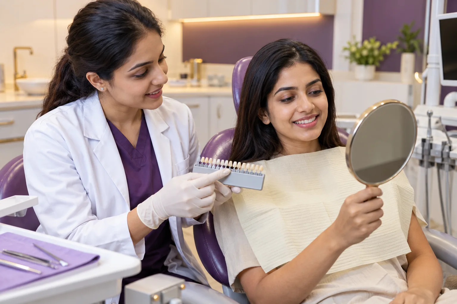 Dentist discussing dental veneer shade options with an adult patient during a consultation