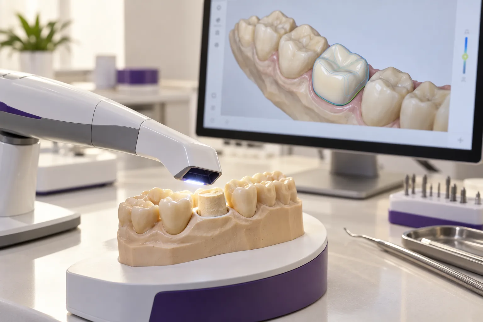 Digital crown workflow with an intraoral scanner, prepared tooth model and three-dimensional crown design
